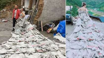 Chinesa faz sucesso com vestido feito de sacos de cimento