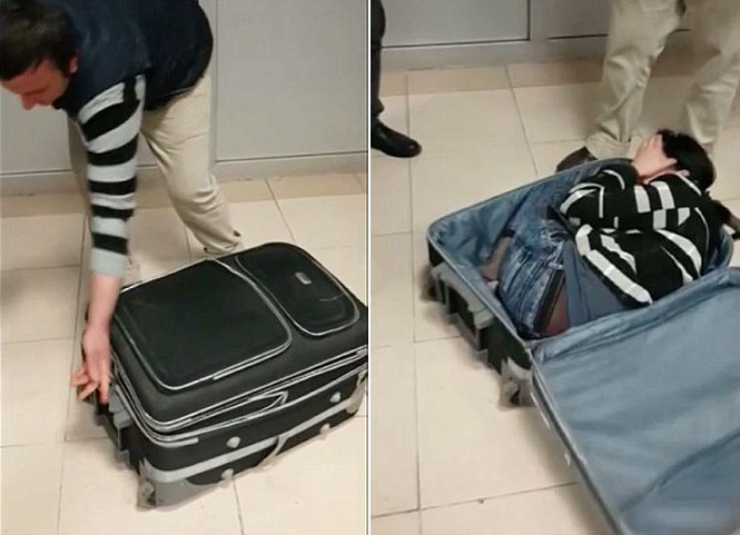 Homem tenta embarcar com outro homem dentro de uma mala.